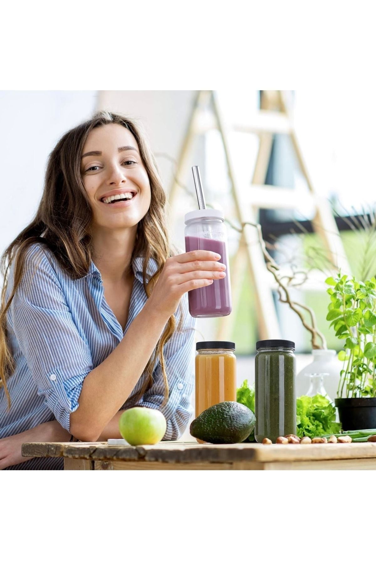 ABAZLAR 1 Adet (Pipet ve 2 Kapaklı) Cam Bardak , Hava Geçirmez Kapak, Meyve Suyu, Boba, Smoothie,