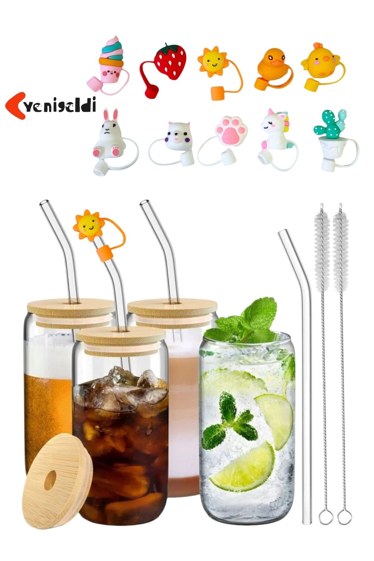 Yenigeldi 4 Adet Isıya Dayanıklı Ve Ahşap Kapaklı Bardak (4 PİPET KAPAĞI, 4 CAM PİPET VE 2 TEMİZLEME FIRÇASI)