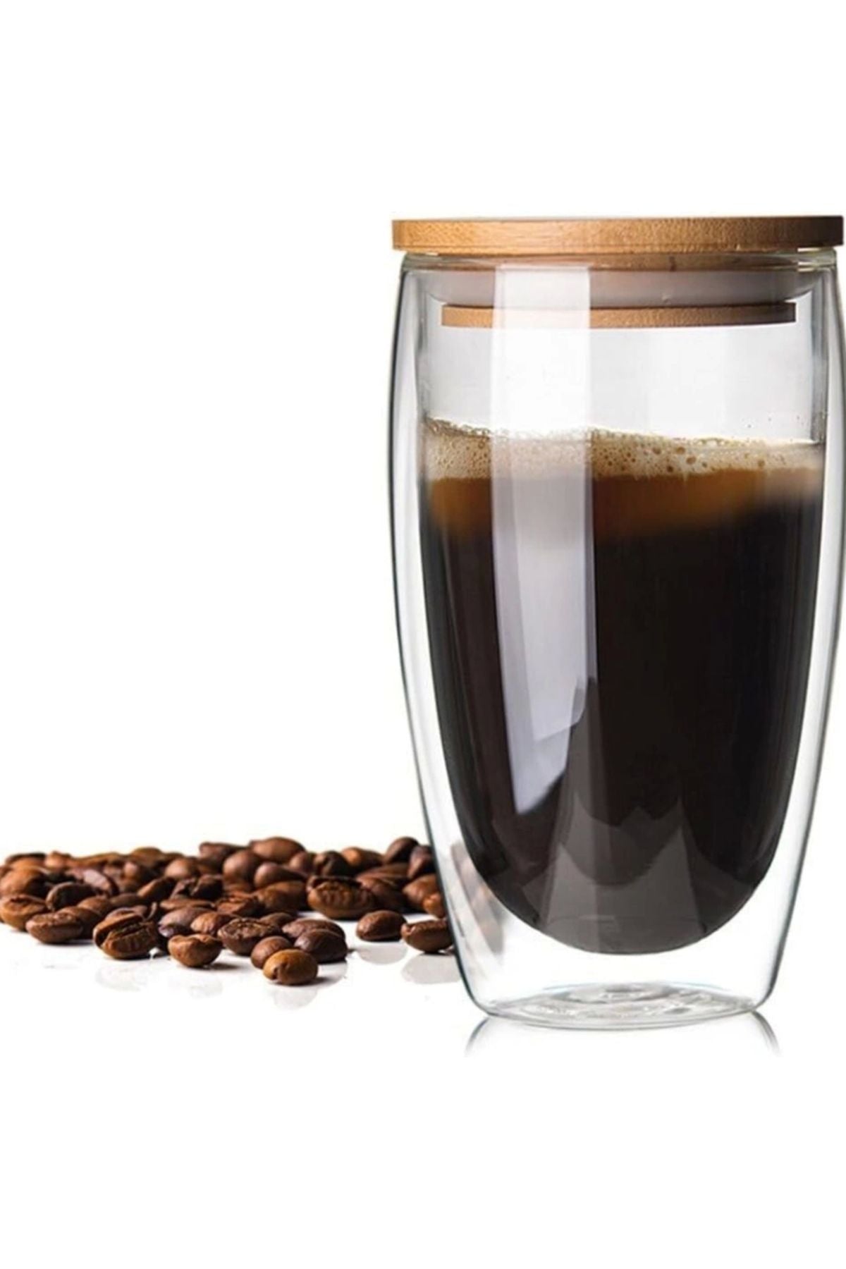 1 Adet Bambu Kapaklı Yüksek Borosilikat Cam Çift Katmanlı Kahve, Meşrubat Bardağı