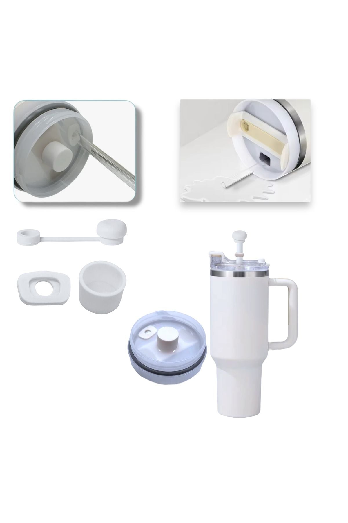 Stanley Quencher Ve Yeni Nesil Pipetli Termos Uyumlu 3 Parça Sızdırmaz Koruyucu Aksesuar Silikon Beyaz Set