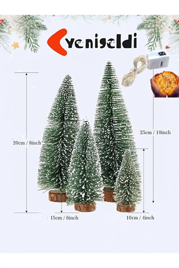 Işıklı Kar Efektli Işıklı Ağacı Seti – 4’lü Mini Çam Ağaçları (25-20-15-10 cm) + LED Işık