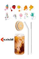 Yenigeldi 1 Adet Çilek Kapaklı Tıpa Cam Pipetli (9 MM) ,siboplu Bambu Kapaklı,bardak Ve 1 Adet Fırça
