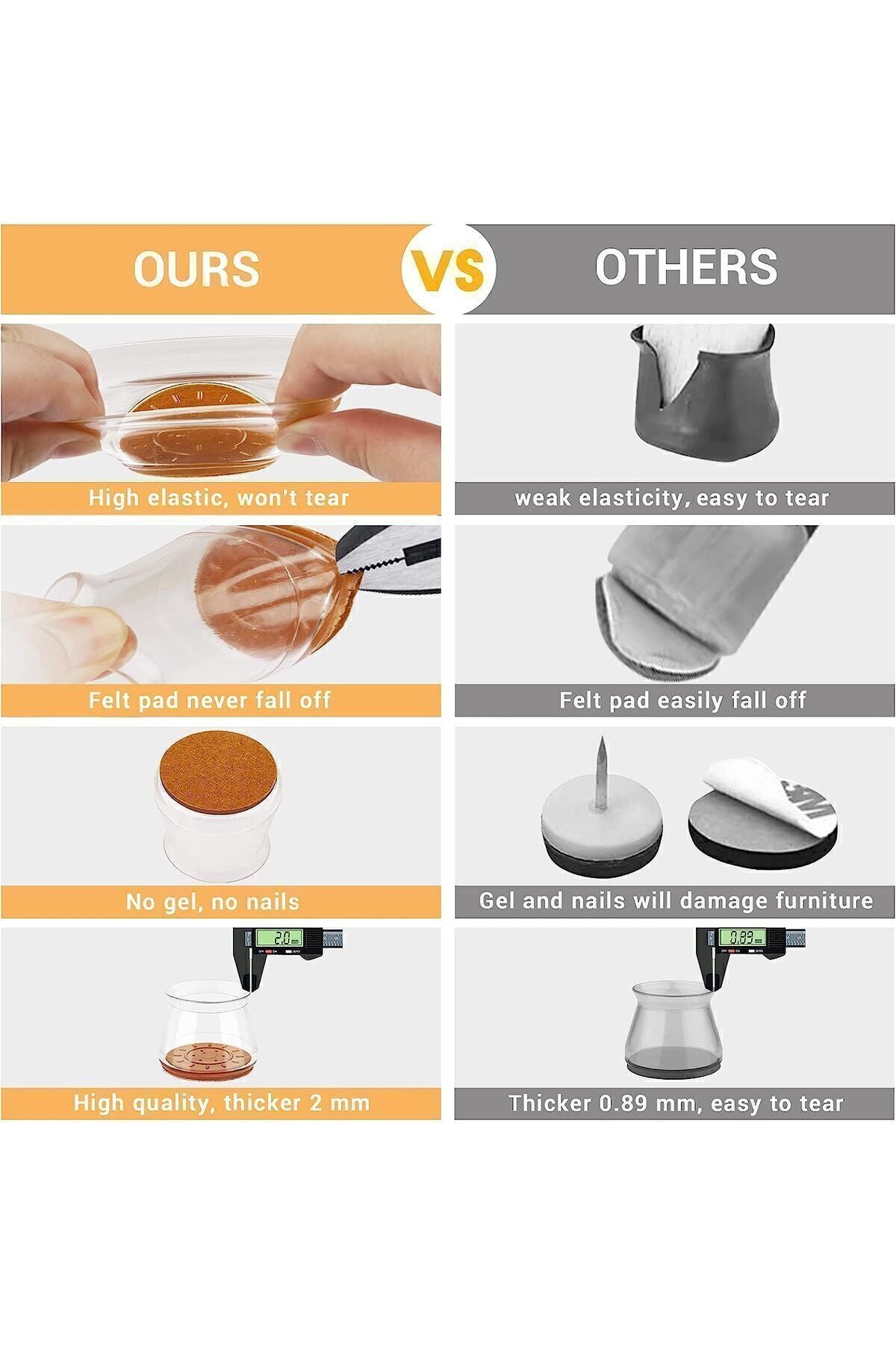 Yenigeldi 8 Adet (2 CM VE 2.8 CM) Füme Keçeli Silikon Masa Sandalye Pabuç Sandalye Kaydırmaz Zemin Koruyucu