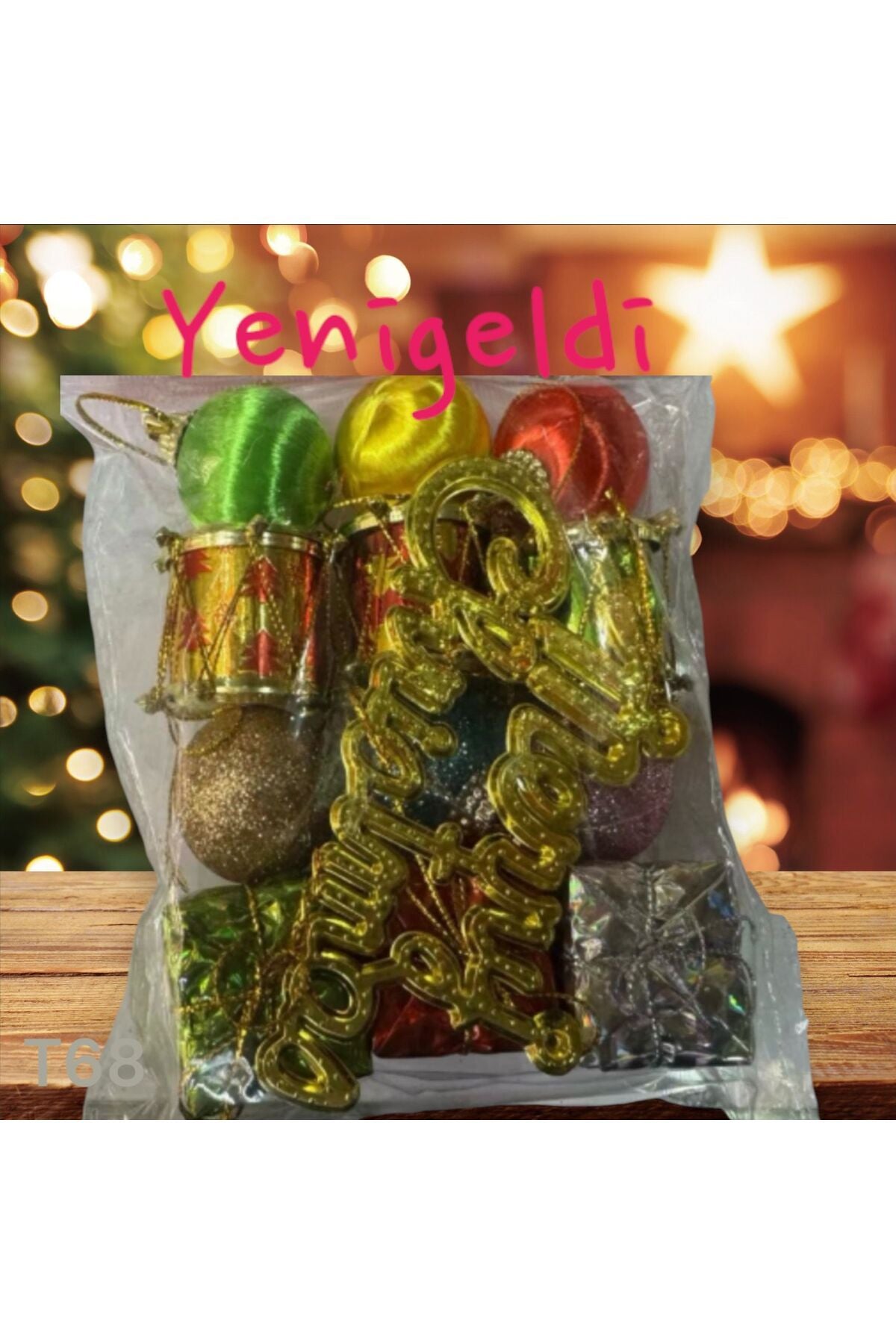 Yenigeldi Yılbaşı Süsleri Seti Kırmızı Yeşil Altın Süs Seti Kırılmaz Davul ve Hediye Paketi Süsler t-68