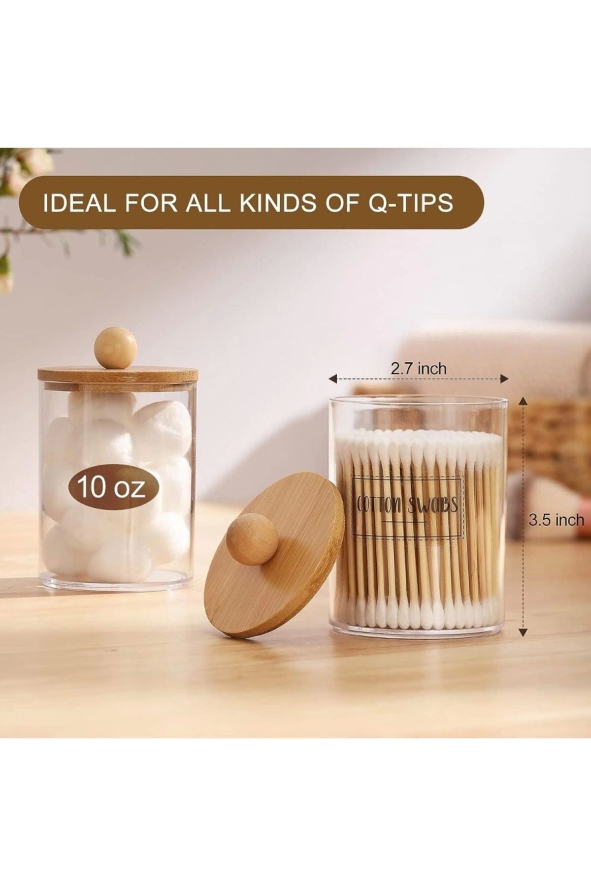2 Adet Bambu Kapaklı, Şeffaf Cam Kavanoz, Çubuk, Pamuk, Diş Ipi, Makyaj Fırçası Organizatörü