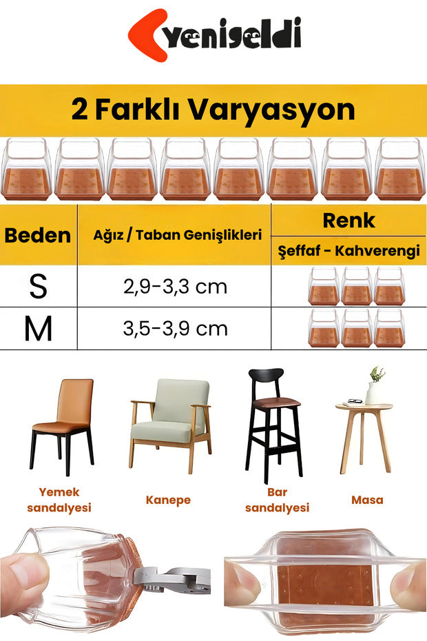 4 Adet Kare Sandalye Papucu (2.9–3.3cm) Şeffaf Silikon İnce Keçeli Zemin Koruyucu Mobilya Ayağı