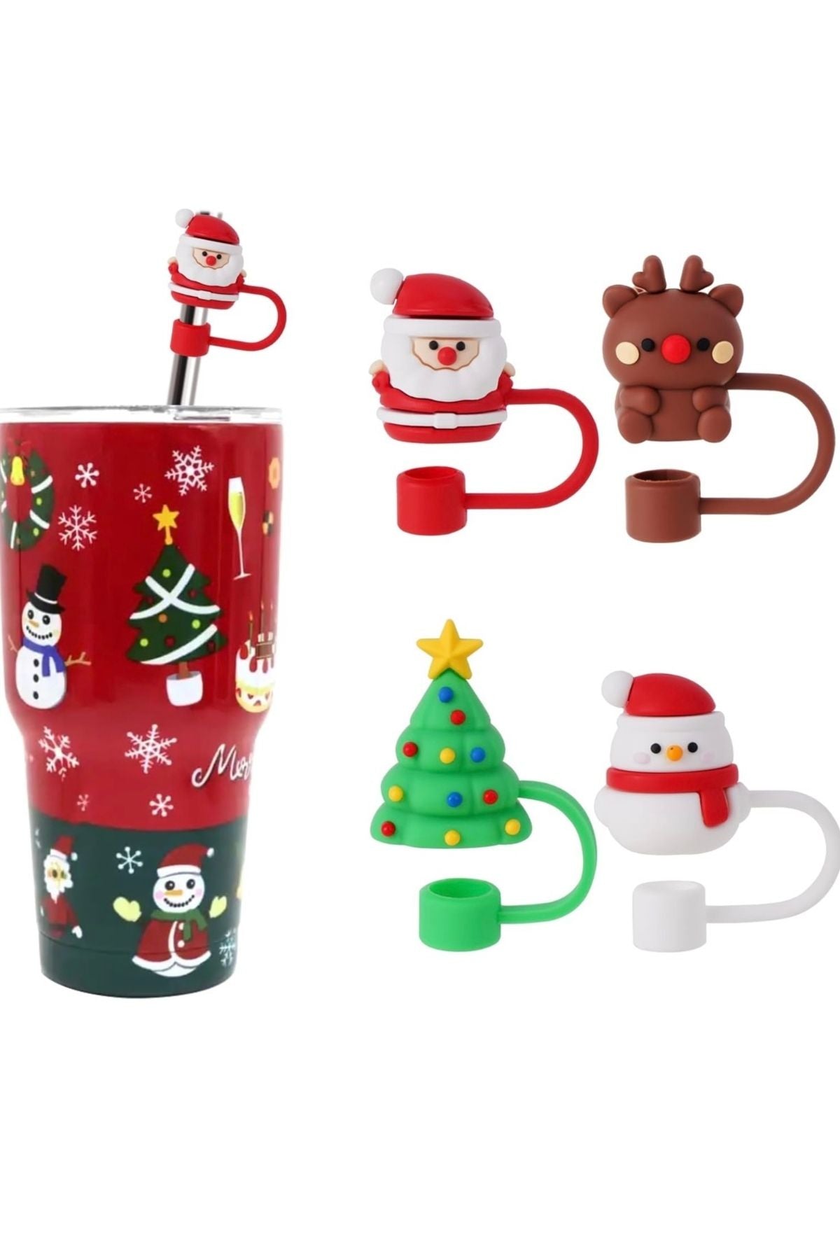 Yenigeldi 4 Adet Yılbaşı Pipet Kapak Kapağı 10mm Yılbaşı Tumbler Kapak Toz Geçirmez