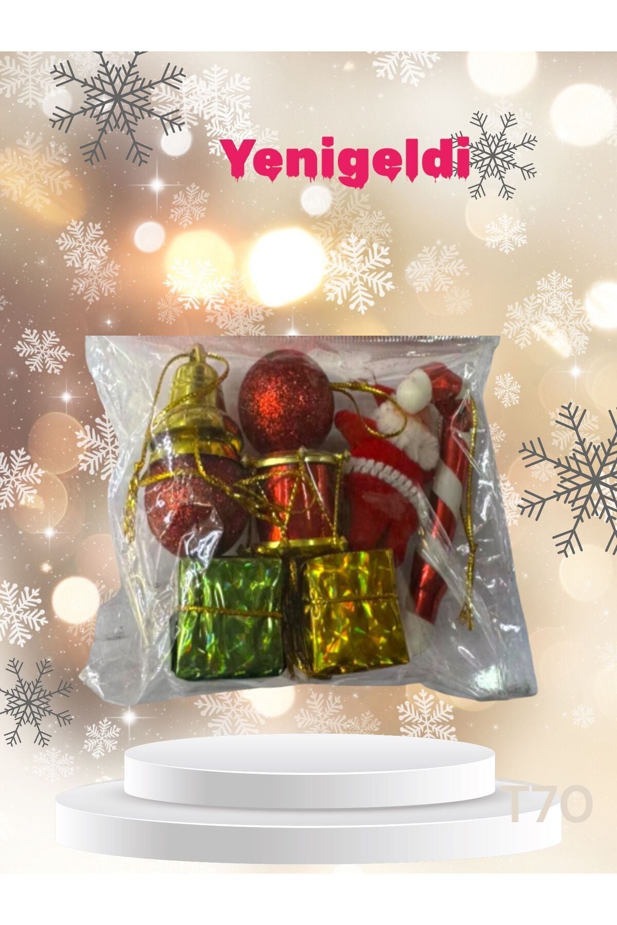 Yenigeldi Yılbaşı Süsleri Seti, Kırmızı Altın Süs Seti , Dekoratif Davul Noel Baba ve Hediye Paketi T-70