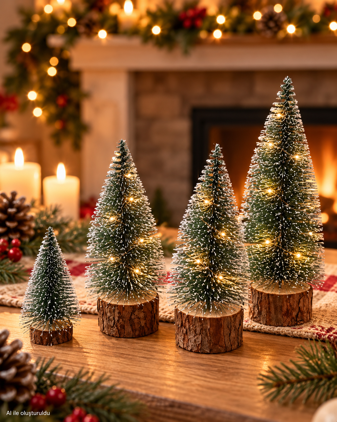 Kar Efektli Işıklı Yılbaşı Ağacı Seti (1 Adet 22cm ışıklı, 2 Adet18cm ışıklı,1 Adet 10cm ışıksız)– 4’lü Çam Ağaçları + LED Işık