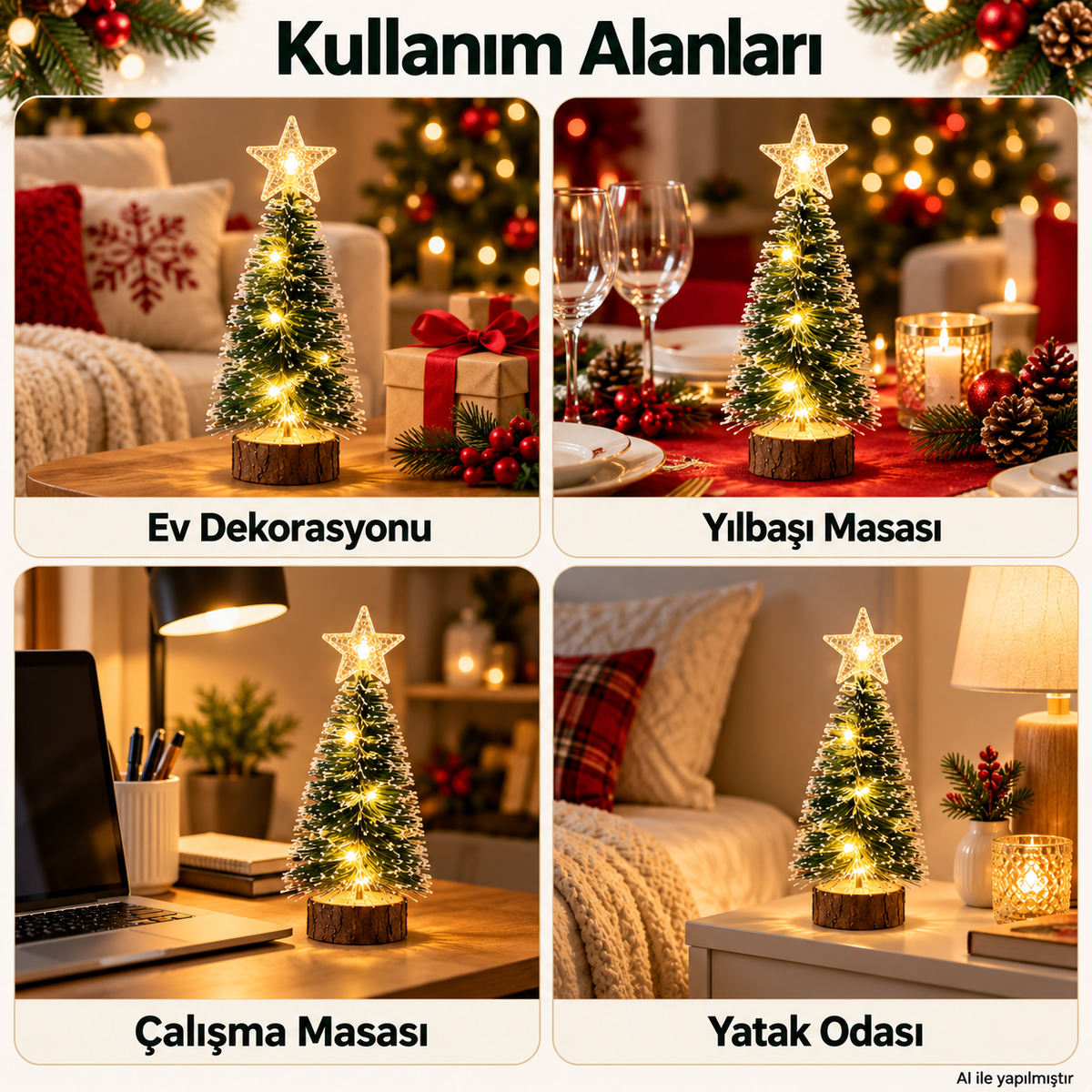 LED Peri Gün Işığı + 1 Adet Tepe Yıldızlı Kar Efektli Mini Yılbaşı Ağacı