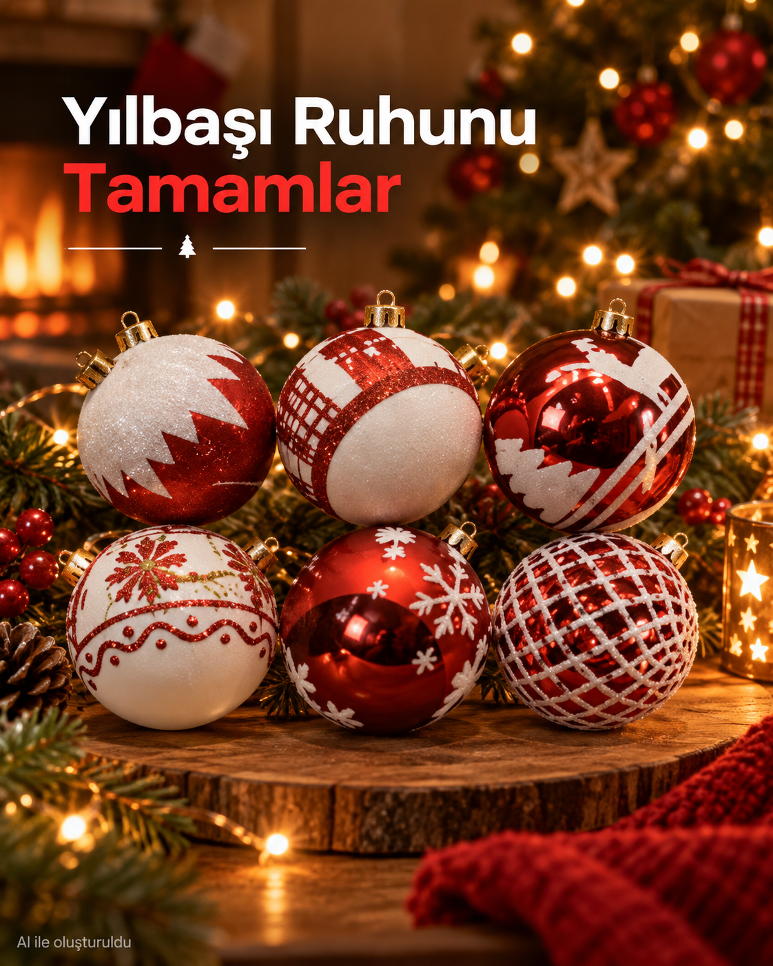 6’lı Kırmızı Beyaz Yılbaşı Ağacı Süsü Seti, Desenli Noel Topları, Dekoratif Yılbaşı Süsleri
