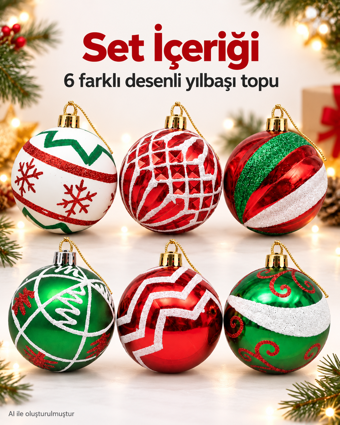 6’lı Kırmızı Yeşil Yılbaşı Topu Seti – Farklı Desenli Dekoratif Ağaç Süsleri