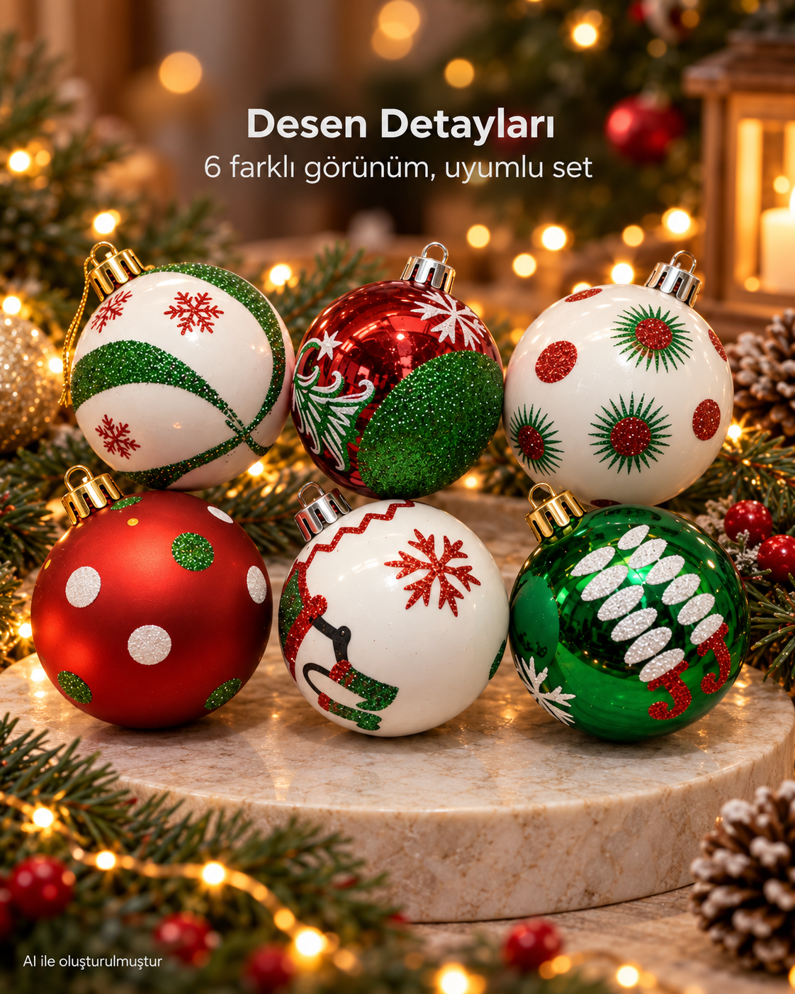 6’lı Kırmızı Yeşil Beyaz Yılbaşı Topu Seti – Kar Tanesi, Noel Baba ve Geometrik Desenli Noel Ağacı Süsleri, Çam Ağacı Dekoru