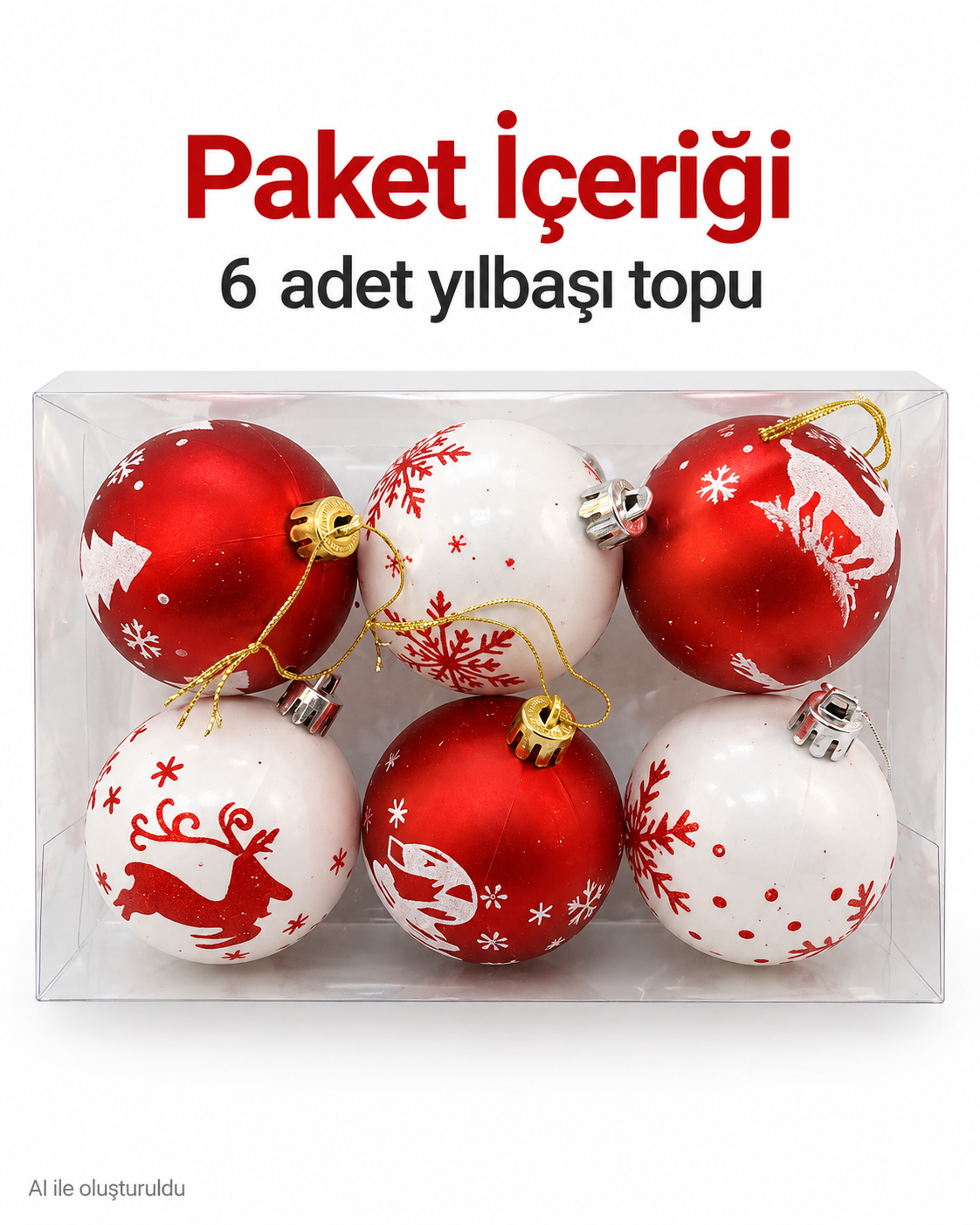6’lı Kırmızı Beyaz Yılbaşı Topu Seti – Geyik, Kar Tanesi ve Çam Ağacı Desenli Noel Ağacı Süsleri, Dekoratif Çam Ağacı Topları