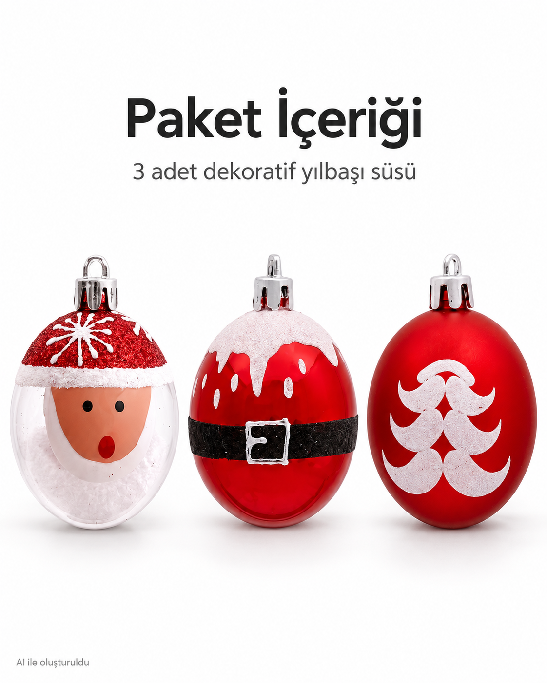 3 Adet Kırmızı Beyaz Noel Baba Figürlü Yılbaşı Ağacı Süsleri – Oval Noel Topları, Kemer ve Çam Ağacı Desenli Yılbaşı Dekoru