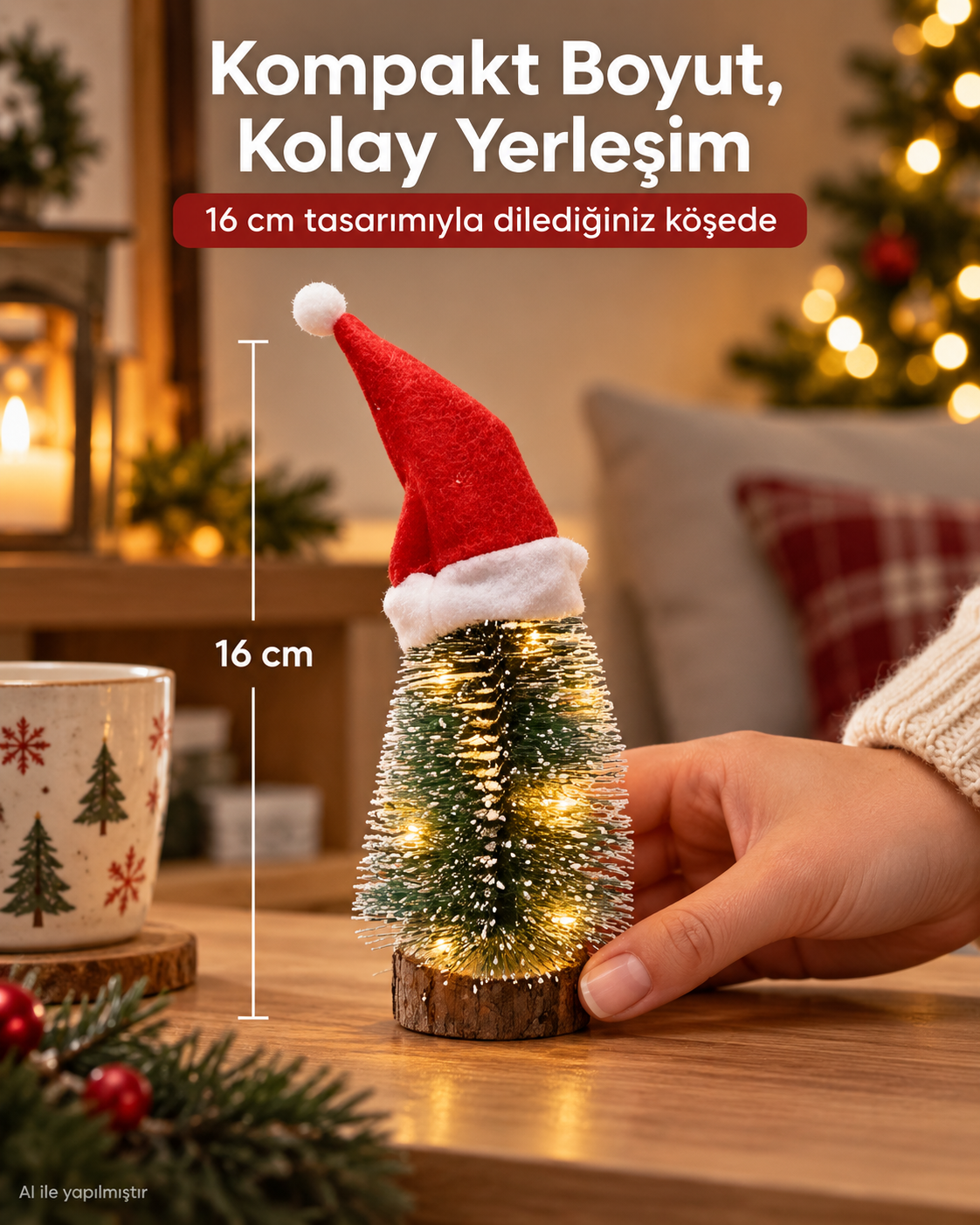 1 Adet Kendinden Işıklı 16 Cm El Yapımı Işıklı, Yılbaşı Şapkalı Çam Ağacı, Mini Çam Ağacı Masa, Ev Dekorasyonu