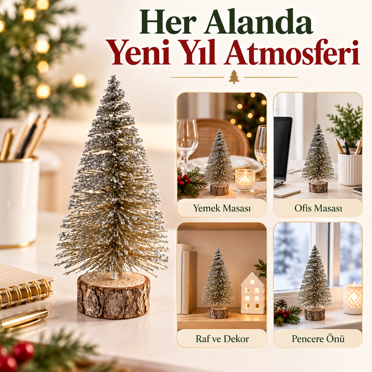 1Adet 10 Cm T14 Yılbaşı Masa Çam Ağacı, Simli Çam Ağacı, Masa Dekorasyon, Süslü Minik Çam Ağacı