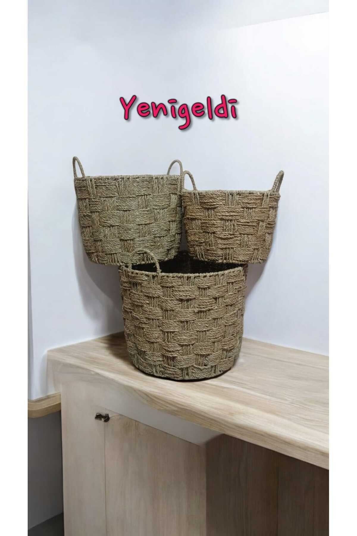 3lü Hasır Sepeti Saplı Dekoratif Ve İşlevsel, Doğal yen2400283