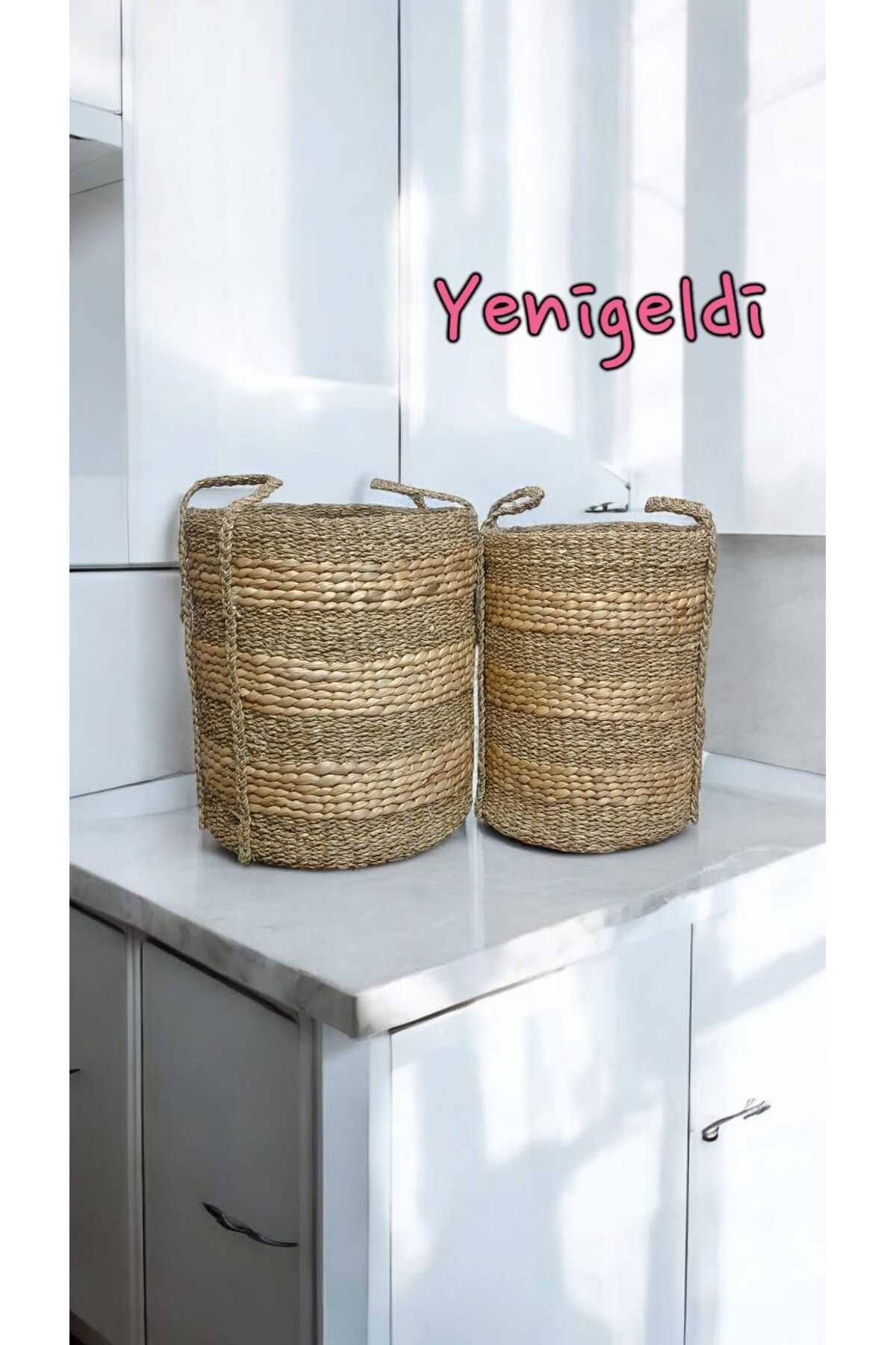 2 Adet Yuvarlak Dekoratif Hasır Sepetler Doğal yen2400082