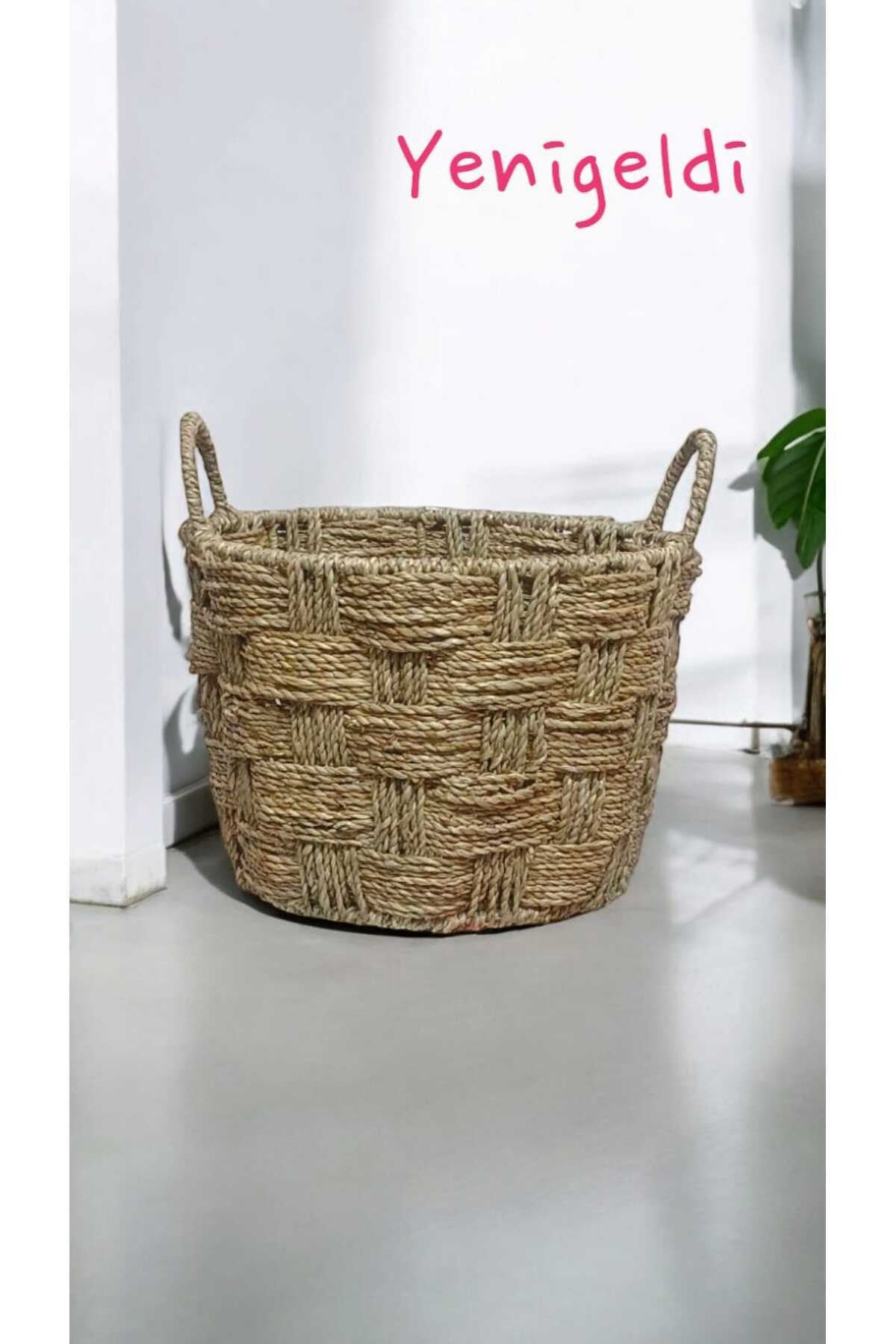 (Y:20*G:28*TG:21 CM) 1 Adet Hasır Sepeti Saplı Dekoratif Ve Işlevsel, Doğal Yen240028k