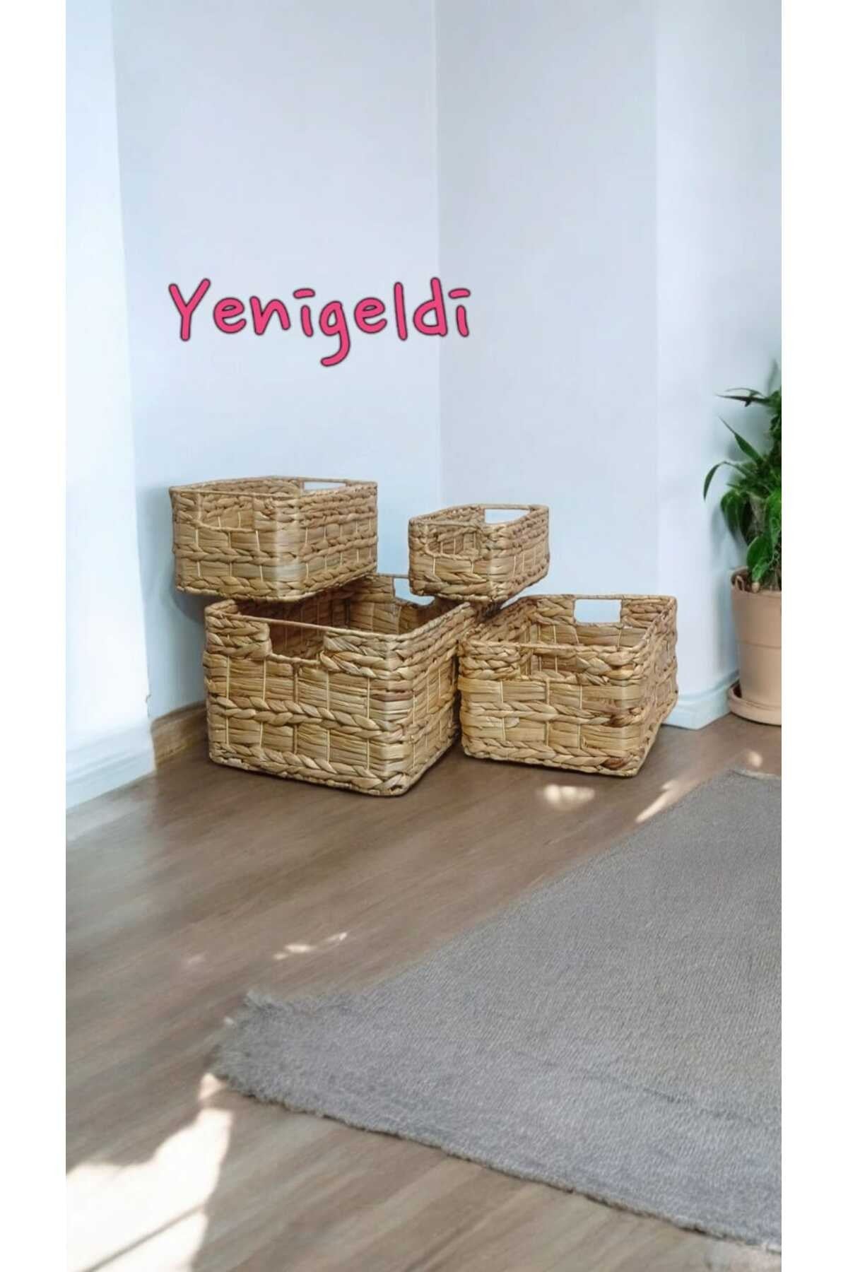 4 Adet Saplı Sepet Seti, Dikdörtgen Doğal Saklama Kutuları yen2400174