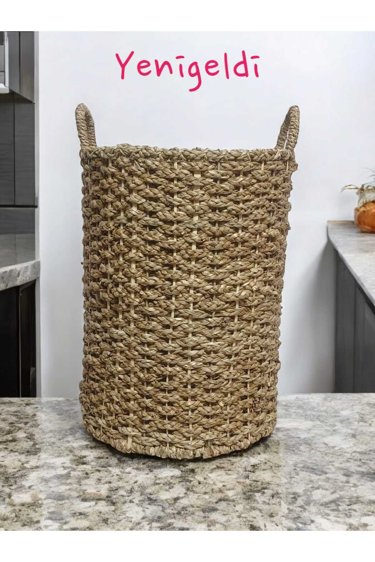(YÜKSEKLİĞİ:48*GENİŞLİĞİ:37 CM) 1 Adet Uzun Yuvarlak Dekoratif Hasır Sepeti Yen240002or