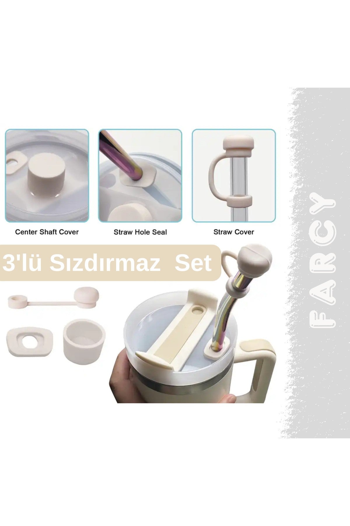 Quencher Ve Yeni Nesil Pipetli Termos Uyumlu 3 Parça Sızdırmaz Koruyucu Aksesuar Silikon Beyaz Set