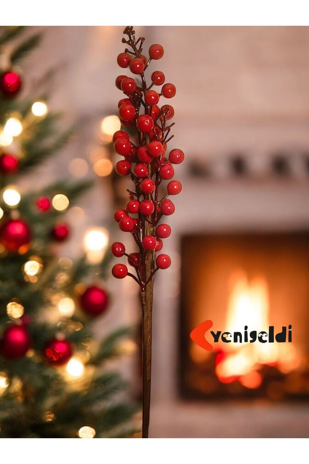 LED Peri Gün Işığı + 2 Adet Büyük Boy El Yapımı Uğur Kokina Red Berry Yılbaşı Süsü t112