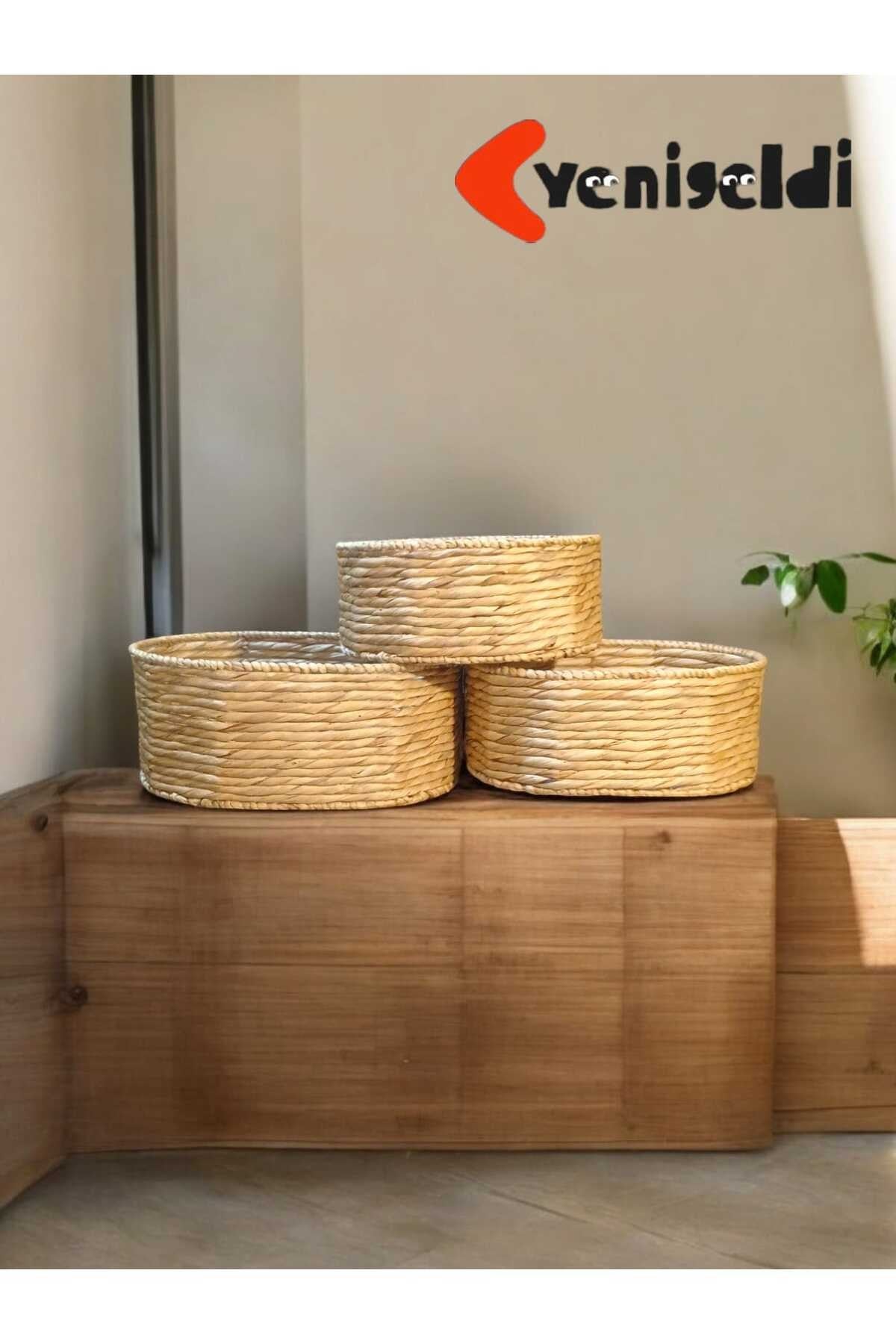 3 Adet Raflar için Düzenleyici Dekoratif Hasır Sepet yen2400303