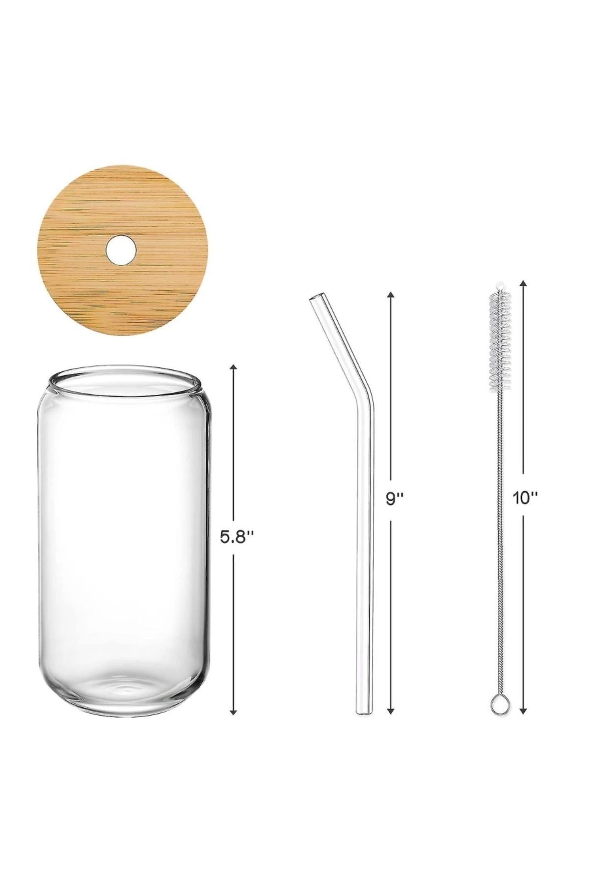 4 Adet Bambu Kapaklı Cam Bardak Buzlu Kahve Smoothie Kokteyl Bardağı 4 Cam Pipet Ve 2 Temizleme Fırç