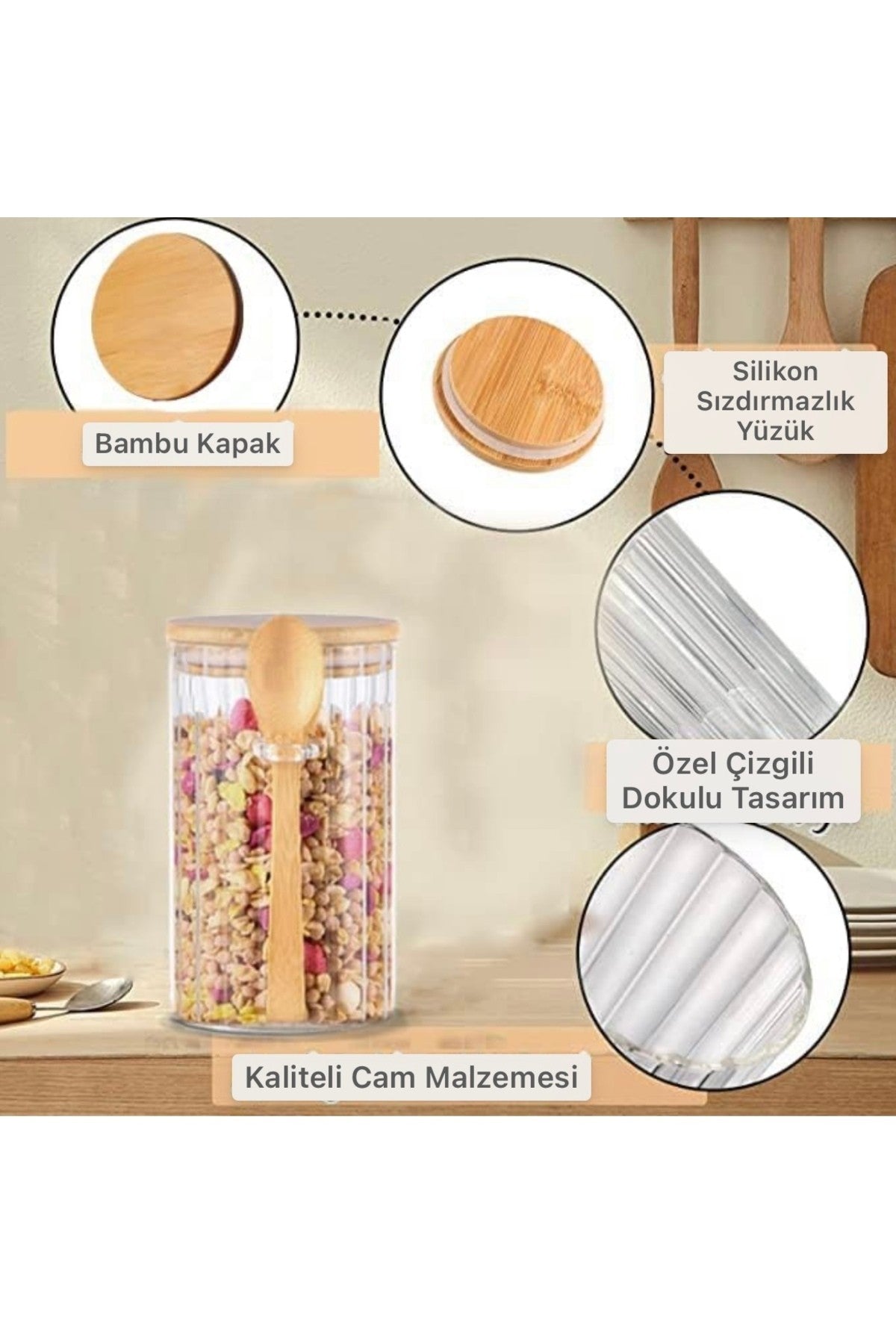 Bambu 1 Adet 750 ml Kaşık Kapaklı Büyük Hava Geçirmez Cam Kavanoz