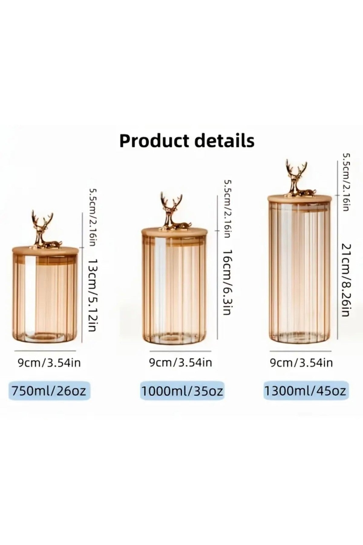 3 Adet (600ml+750ml+1000ml) Kehribar Renkli Cam Kavanoz Geyik Başlıklı