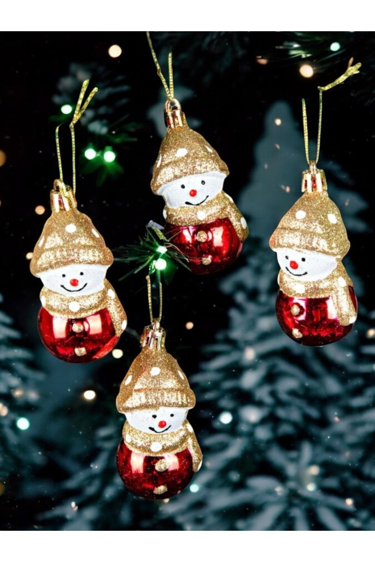 4 Adet Altın Şapkalı Kardan Adam Yılbaşı Süsü Noel Ağaç Süs Parti Dekorasyon