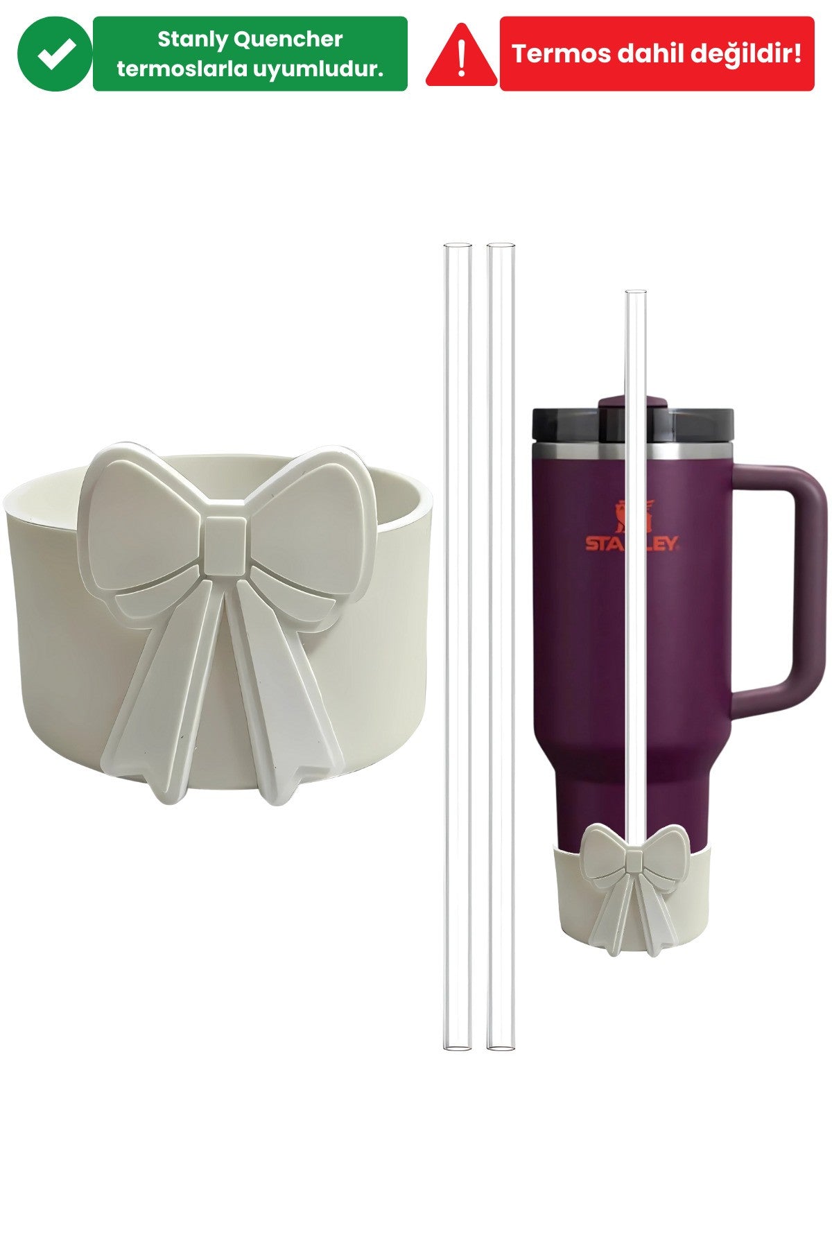 Stnly Quencher 40/30oz Uyumlu Beyaz Fiyonklu Silikon Termos Botu Koruyucu 2 Adet 30cm Tritan Pipet