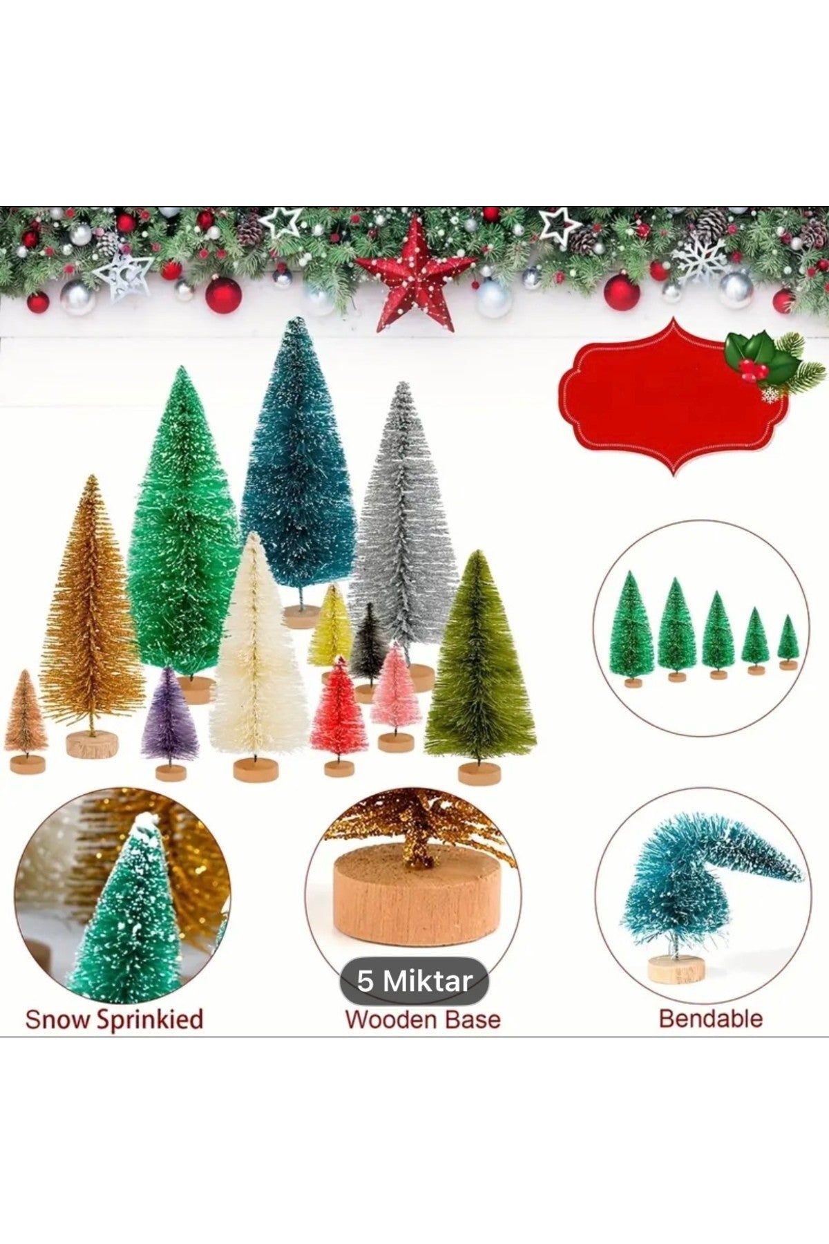 2 Adet 10 cm Mini Yılbaşı Ağacı ( karışık Renk ) + 2m Peri Led Işık Masaüstü , Yılbaşı Süsü