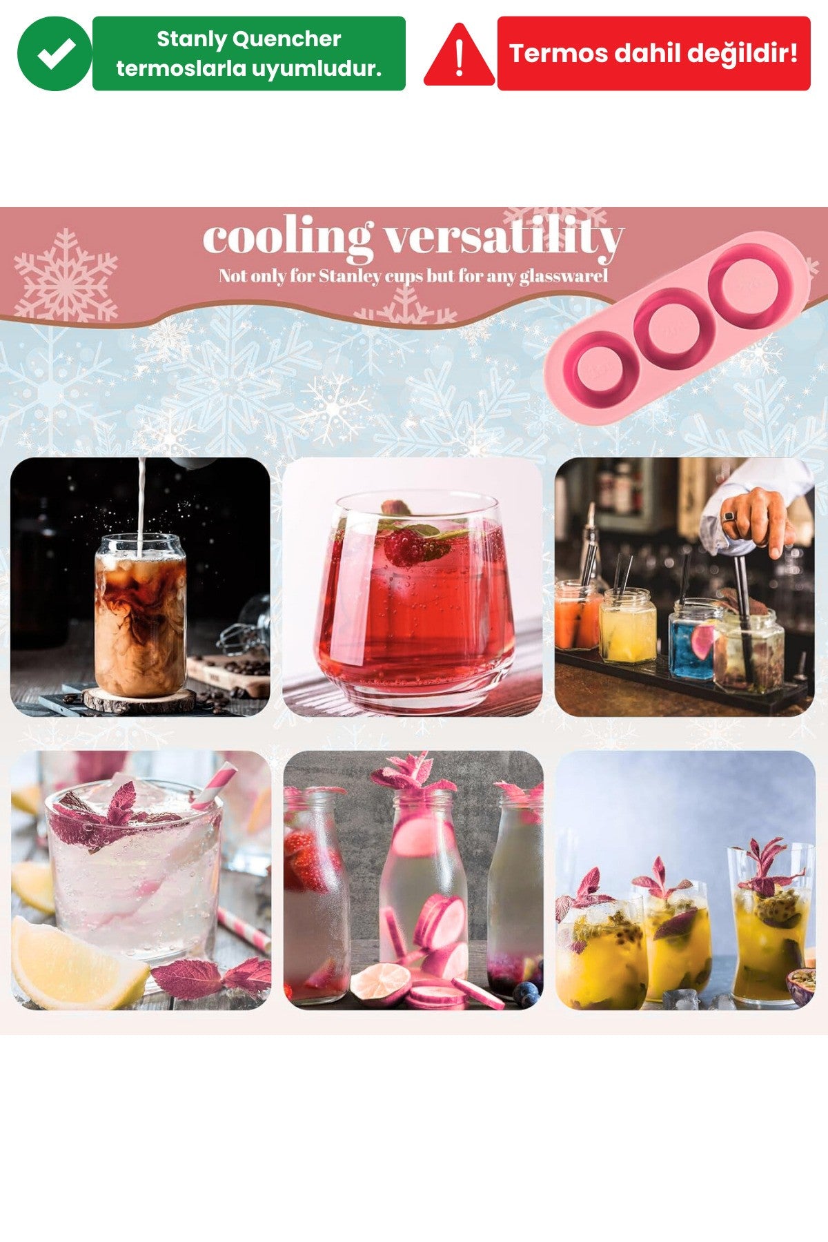 1 Adet Silikon Buz Kalıbı - Stnly Quencher 20/30/40oz Uyumlu Kapaklı ve Dayanıklı Buz Kalıbı