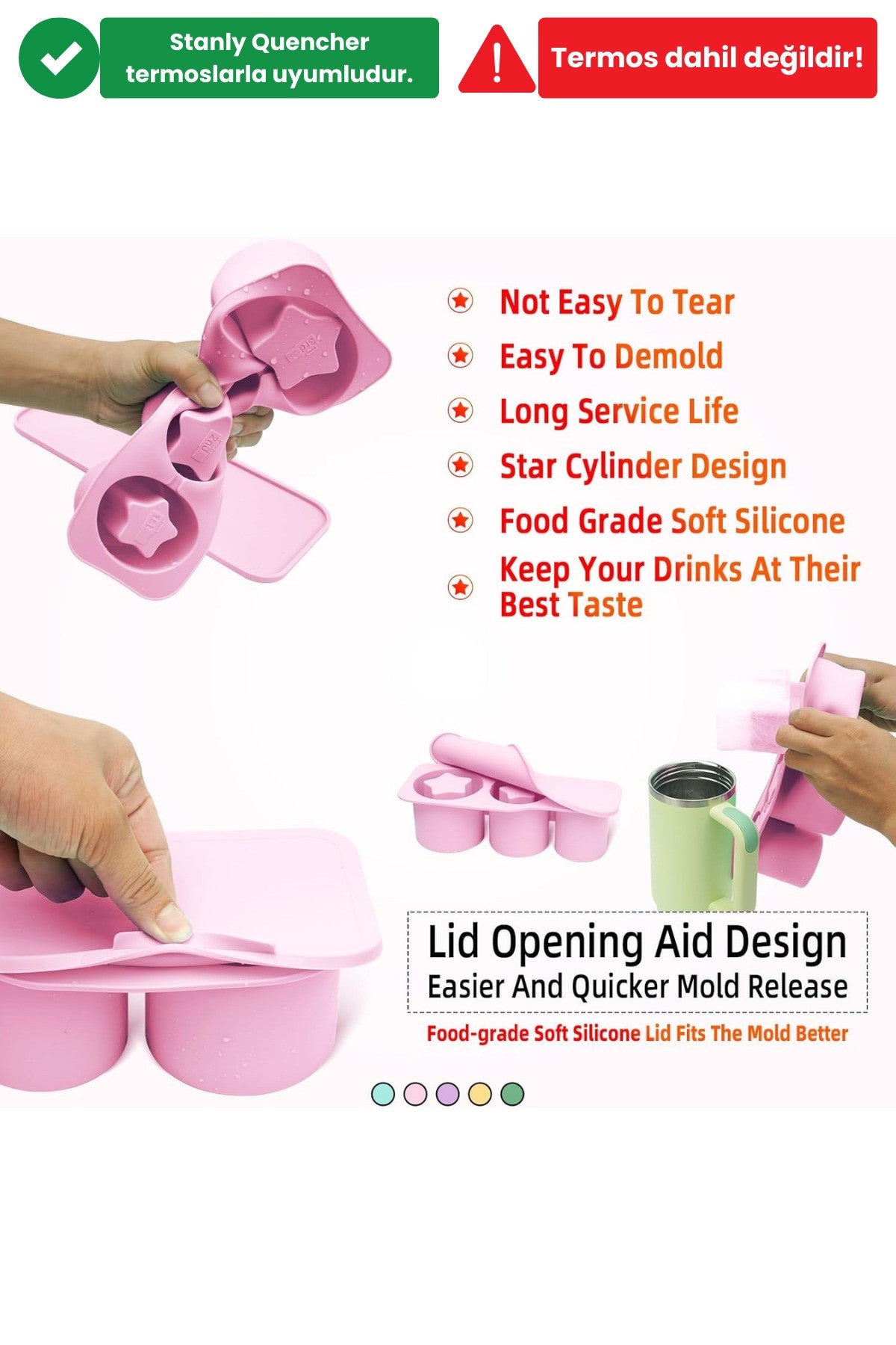 Stanly Quencher Uyumlu Pembe Yıldız Buz Kalıbı + 30cm Tritan Yedek Pipet BPA Free Silikon