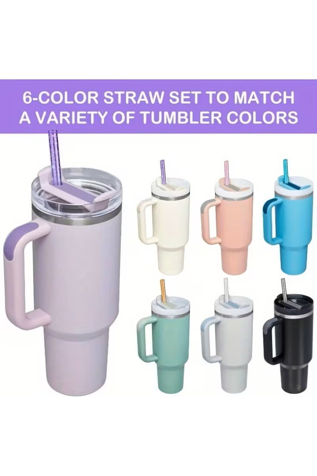 6 Adet Stanly Quencher Uyumlu Renkli Şeffaf Pipet ve 1 Adet Temizleme Fırçası