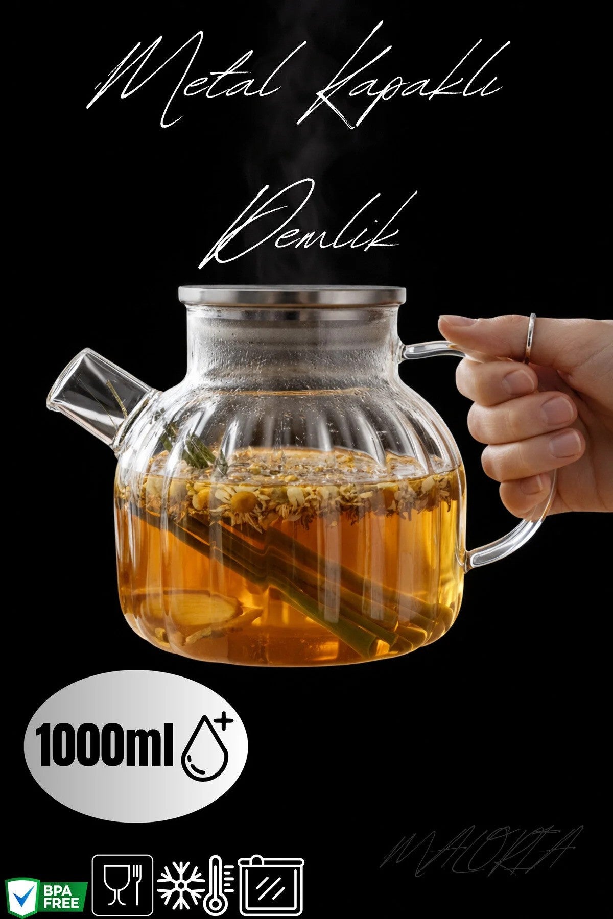Balık Sırtı dilimli Model 1000ml Süzgeçli Cam Demlik