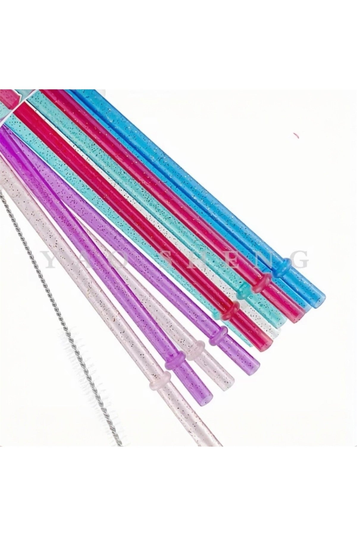 30 cm Stenley Quencher Uyumlu Simli Halkalı 4'lü Tritan Pipet Seti + Temizleme Fırçası - 40oz Stanly Quencher Uyumlu