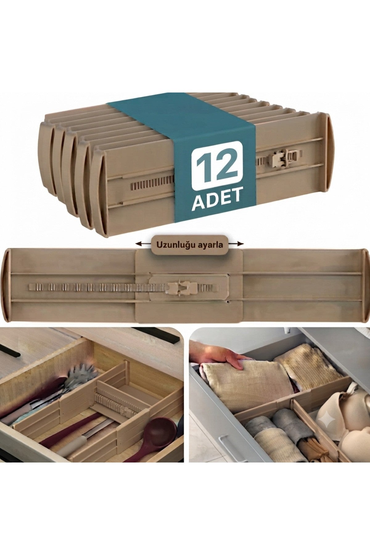 12 Adet Ayarlanabilir Kilitli Çekmece Bölme Organizer - Sürdürülebilir ve Çevreci Malzeme, Uzayan Kısalan Çekmece İçi Düzenleyici Aparat (Bebek Odası, Mutfak, Gardırop İçin)