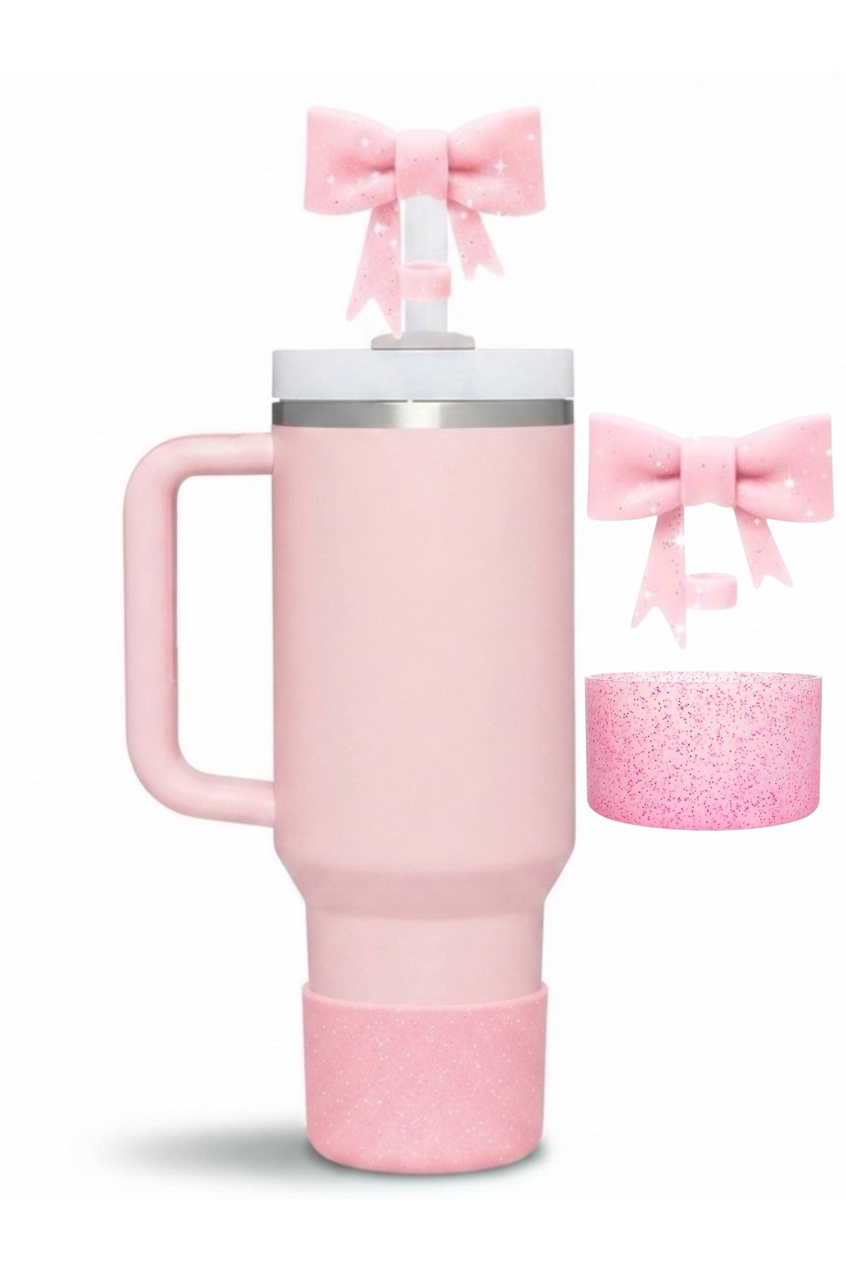 5 Parça :Toz Pembe Termos Sızdırmaz Seti | Fiyonk Pipet Tıpası ve Simli Taban