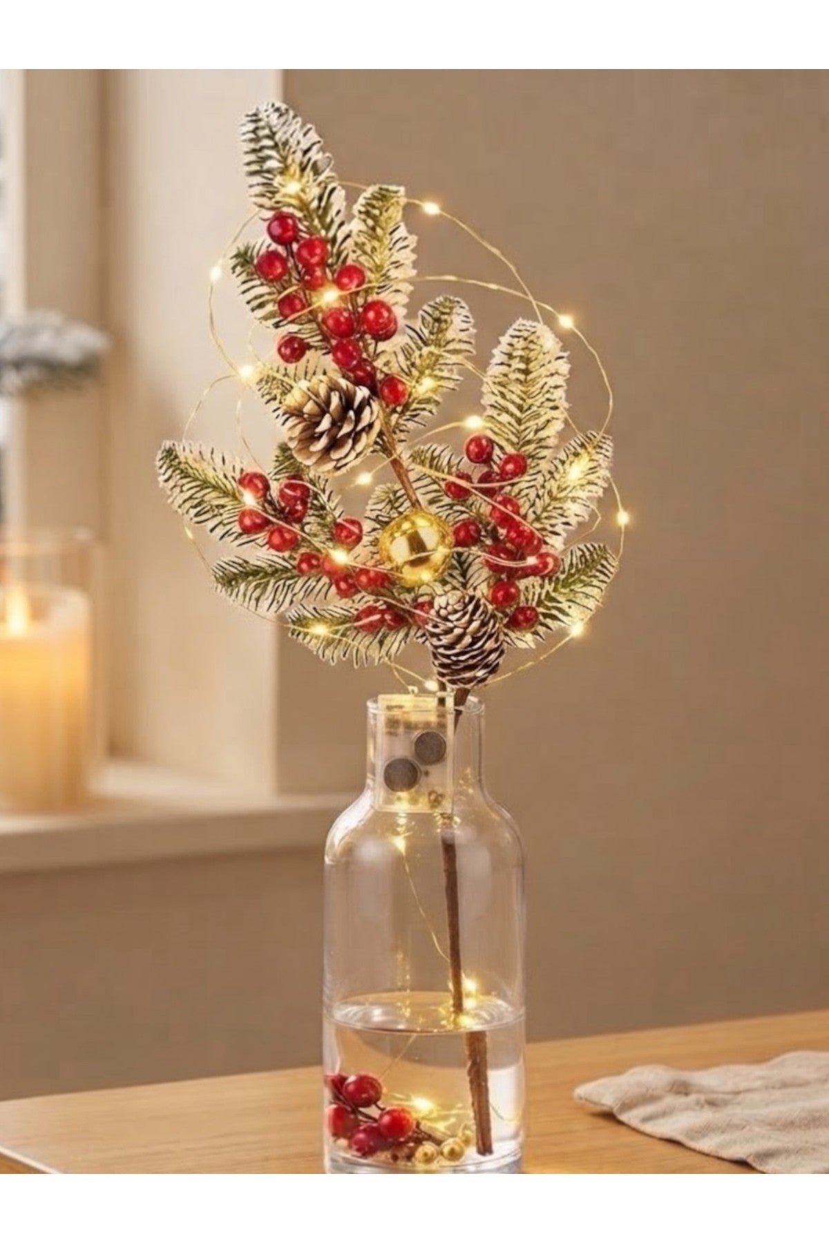 LED Peri Gün Işığı + 1 Adet Çam Kozalaklı Kokina Red Berry Yılbaşı süsü