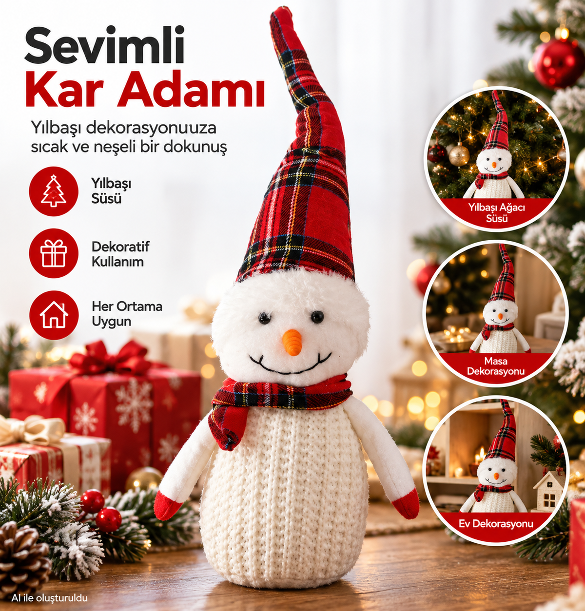 Ekose Desenli Şapkalı Beyaz Kar Adamı Peluş Dekorasyon Figürü Yılbaşı süsü