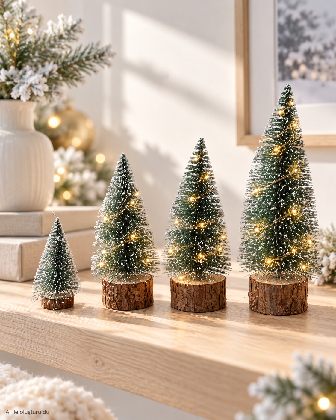 Kar Efektli Işıklı Yılbaşı Ağacı Seti (1 Adet 22cm ışıklı, 2 Adet18cm ışıklı,1 Adet 10cm ışıksız)– 4’lü Çam Ağaçları + LED Işık