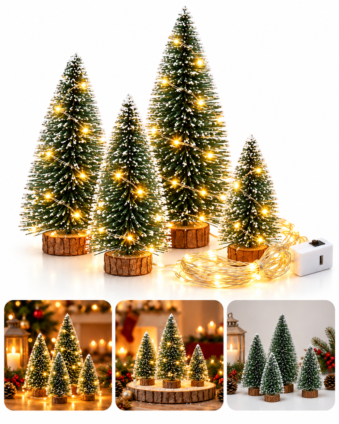 Kar Efektli Işıklı Ağacı Seti ( 1 Adet 10cm + 2 Adet 15 cm + 1 Adet 20 cm)– 4’lü Çam Ağaçları + LED Işık