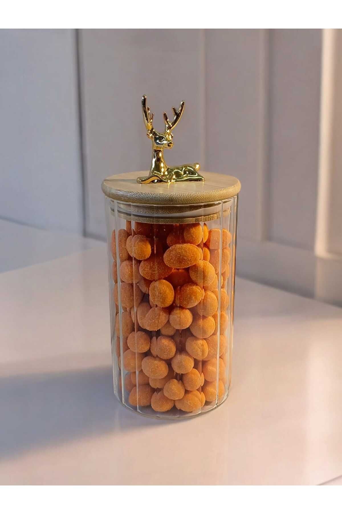 Yenigeldi (9x15 CM) 1 Adet Geyikli Cam Saklama Kavanozu Geyik Başı Altın Renk Hava Geçirmez Y-431