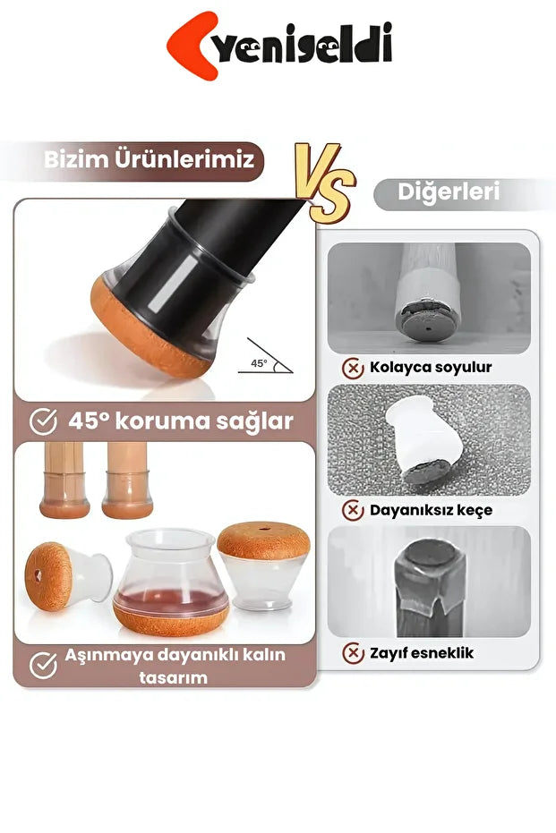8 Adet Yuvarlak Sandalye Papucu (1,5-2,2 cm) Şeffaf Silikon Zemin Koruyucu Keçeli Ayak Kılıfı