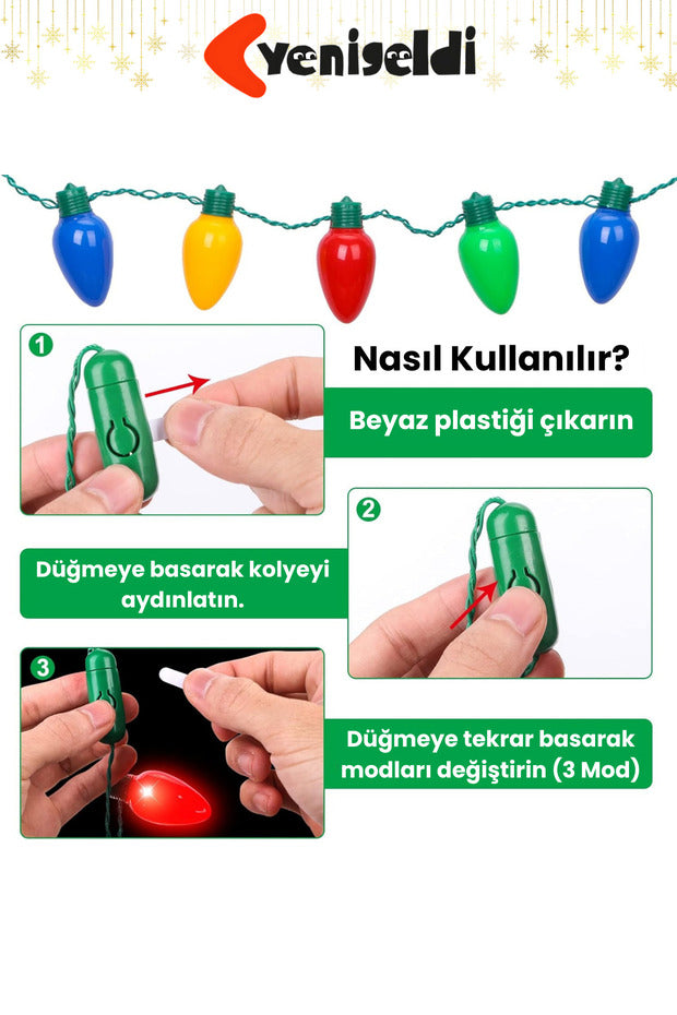 2 Adet Renkli Yılbaşı LED Işıklı Kolye - Parti ve Noel Dekorasyonu 3 Kademeli Yanma Modu