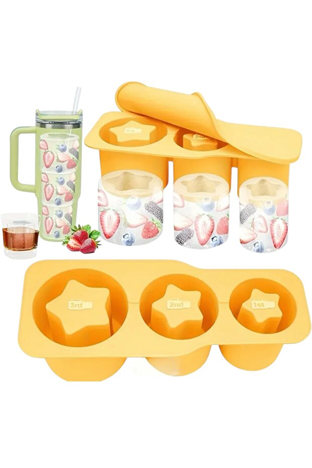 Yenigeldi 1 Adet Stenley Quencher Uyumlu Yıldız Şekilli 3 Bölmeli Silikon Silindir Buz Kalıbı Buzluk